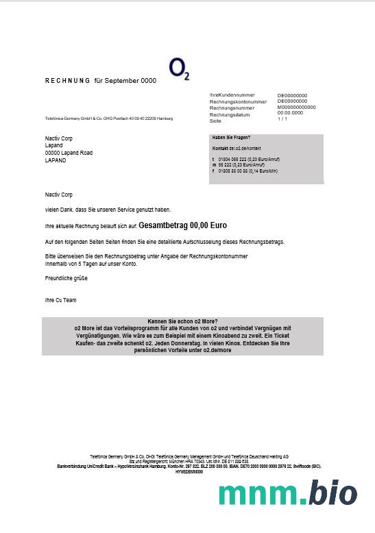 Niemcy RECHNUNG O2 rachunek za usługi komunalne szablon w formacie Word i PDF